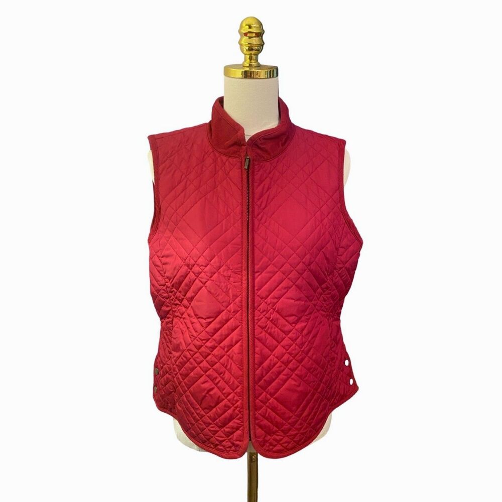 J Jill Quilted Vest Petite Medium Red Corduroy Trim Pockets Full Zip Relaxed Fit